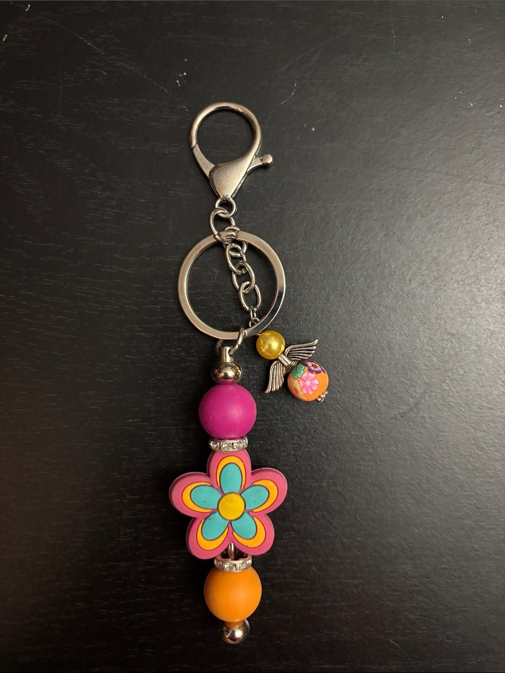 Colorful Flower Bead Keychain - Pink & Orange
